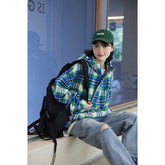 Unisex Jacket Vintage Casual Jacket Men's and Women's Couple Hooded Plaid Jacket